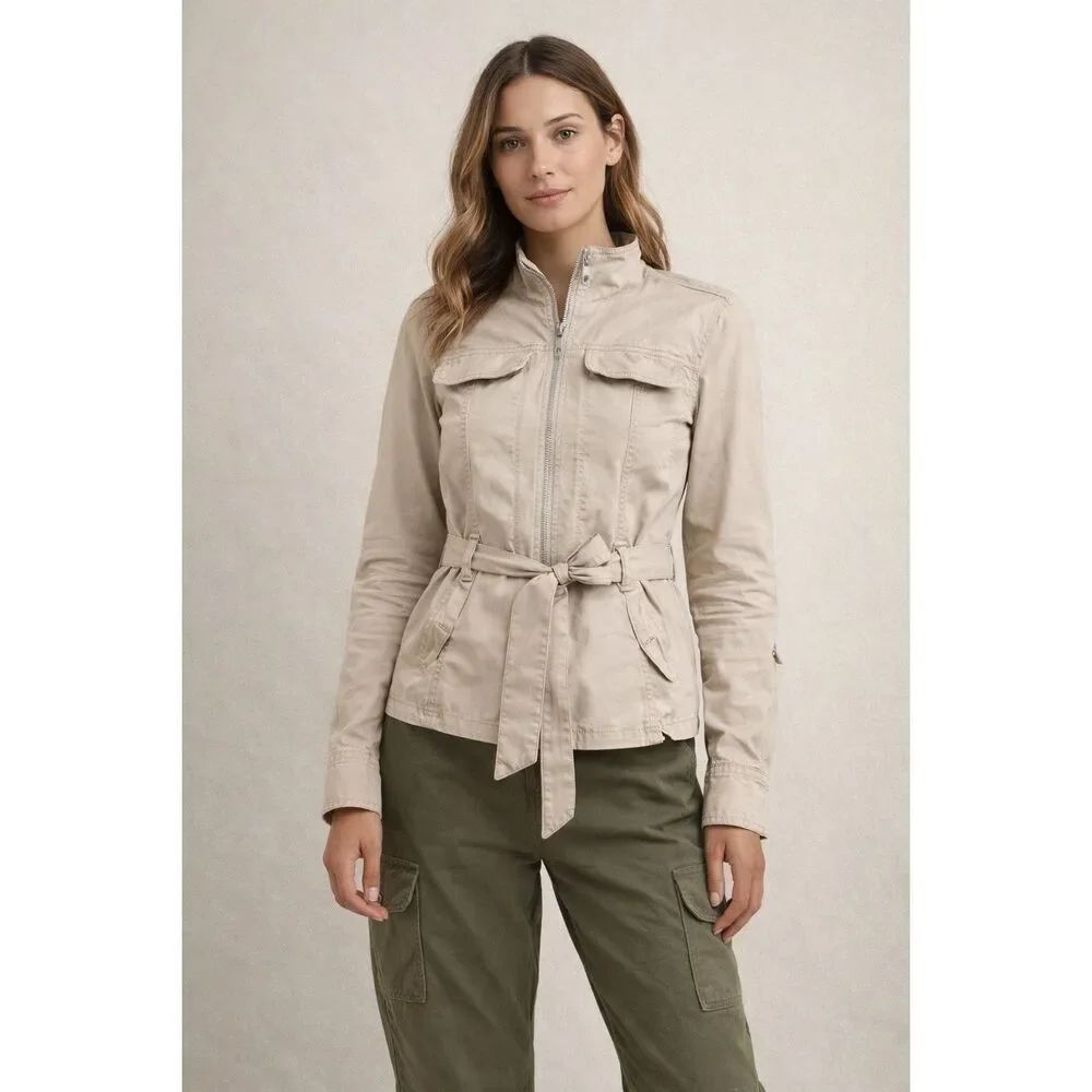 Guess Womens Beige Utility Jacket Belted Moto Small Cotton